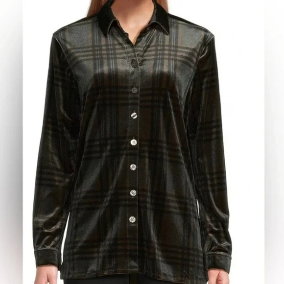 John Mark Velvet Plaid Button-Up Shirt Green Black - Picture 1 of 7